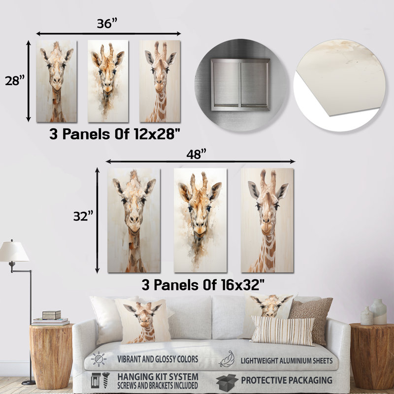 Ensemble de 3 décorations murales en métal Minimalisme - Girafe beige, H 28 po x l 36 po