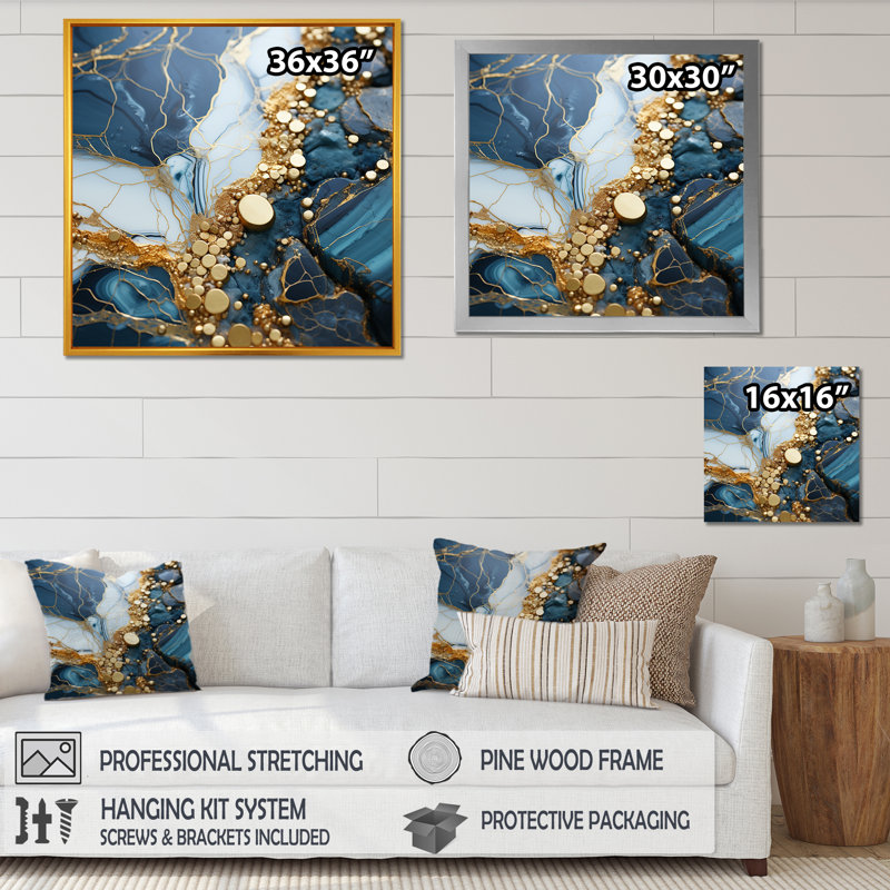 «Blue and Gold Marble River IV», art mural abstrait à encre liquide, Cadre flottant noir, H 16 po x l 16 po x P 1 po