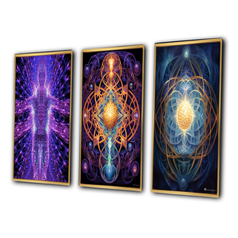 «Purple Energetic Body Matrix Meditation», 3 pièces sur toile, Encadrement doré, H 36 po x l 28 po