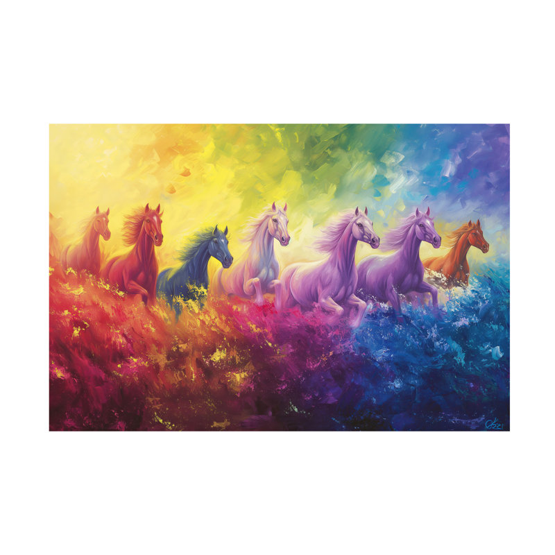 Art mural sur toile tendue - «Rainbow Wild Horses» par Imagine It Images pour décoration de salon, de chambre à coucher ou de bureau - 30 x 47
