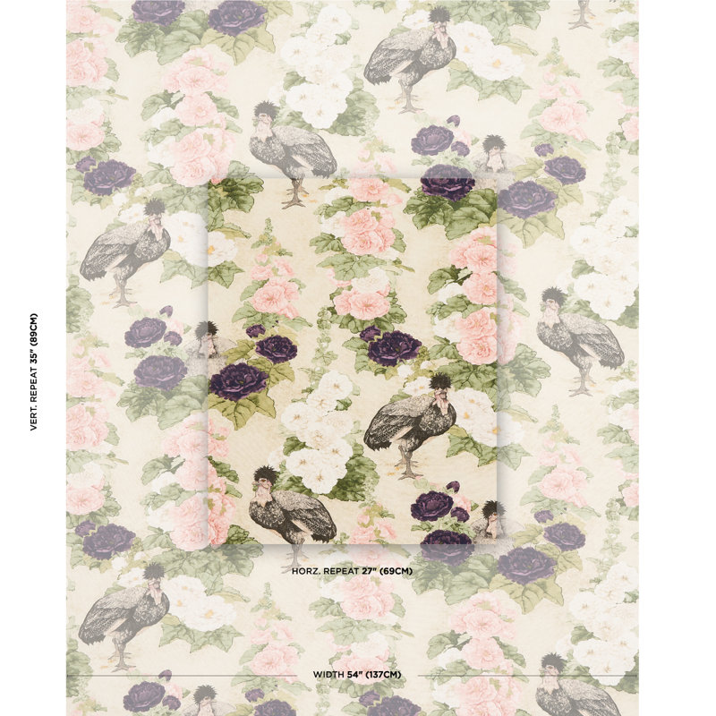 Tissu rose Hollyhock Schumacher x Mary, Rose / vert