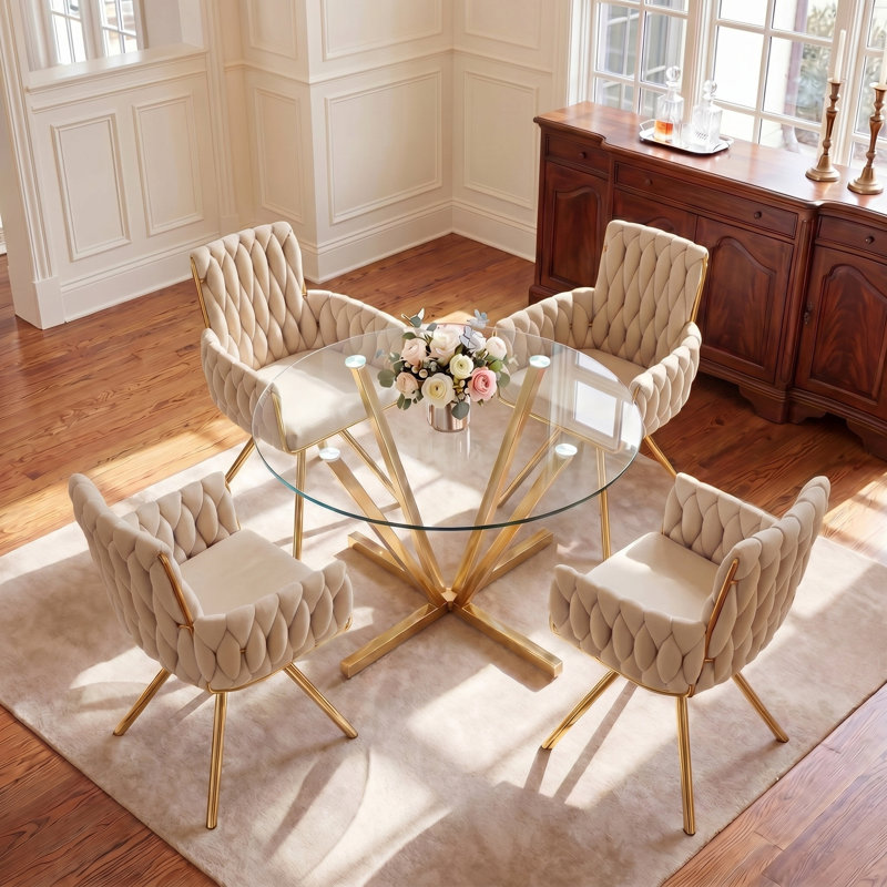 Ensemble de table de salle à manger 45,2 po pour 4 personnes, table de salle à manger moderne en verre trempé avec 4 chaises rembourrées en velours