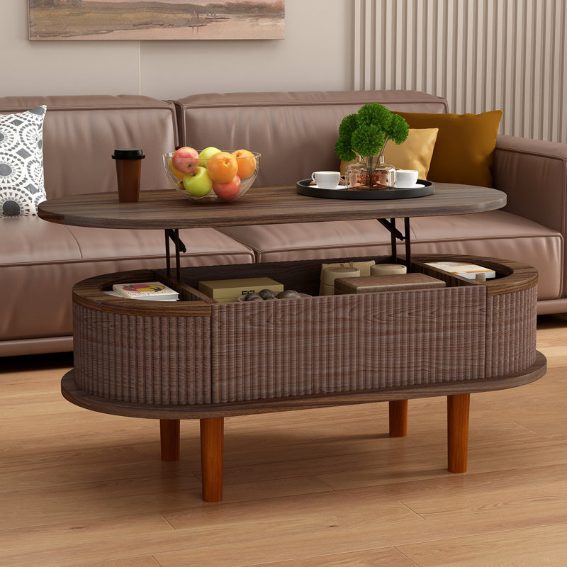 Table basse à plateau relevable cannelé avec compartiment caché