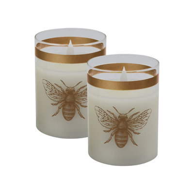 Battery Operated LED Glass Candles with 3D Wick Flame, Honeybee - 2 Piece