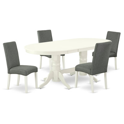 5 Piece Dinette Set Includes an Oval Dining Room Table with Butterfly Leaf and 4 Gray Linen Fabric Upholstered Parson Chairs, Linen White