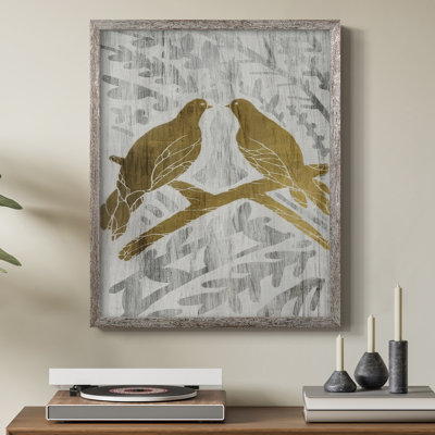 Deux tortues colombes - reproduction encadrée des feuilles d'or - bois massif