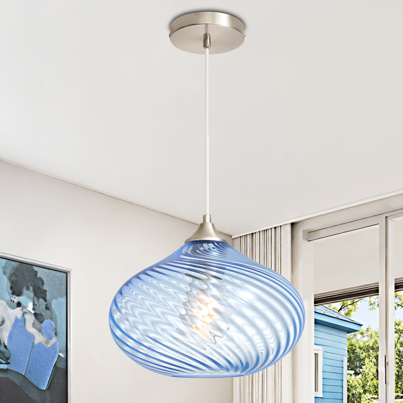 1 - Light Gold Kitchen Island Single Pendant Light With 11in Striped Blue Glass Shade, Blue