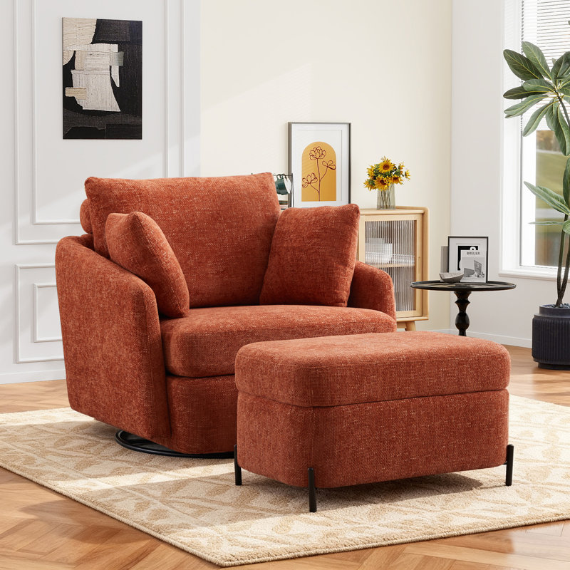 Fauteuil pivotant rembourré avec repose-pieds l 40,53 po, Chenille orange
