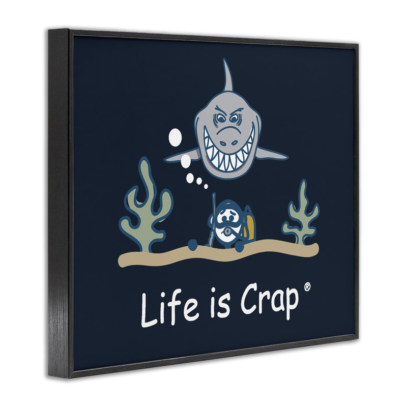 Scary Scuba Shark Giclee Art by LIC, Midnight Black Framed Giclee, 16" H x 20" W