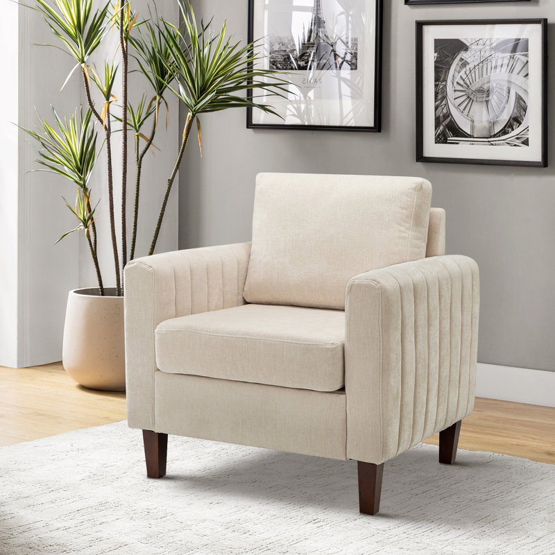 Fauteuil club Ardarius avec pieds en bois, Polyester ivoire