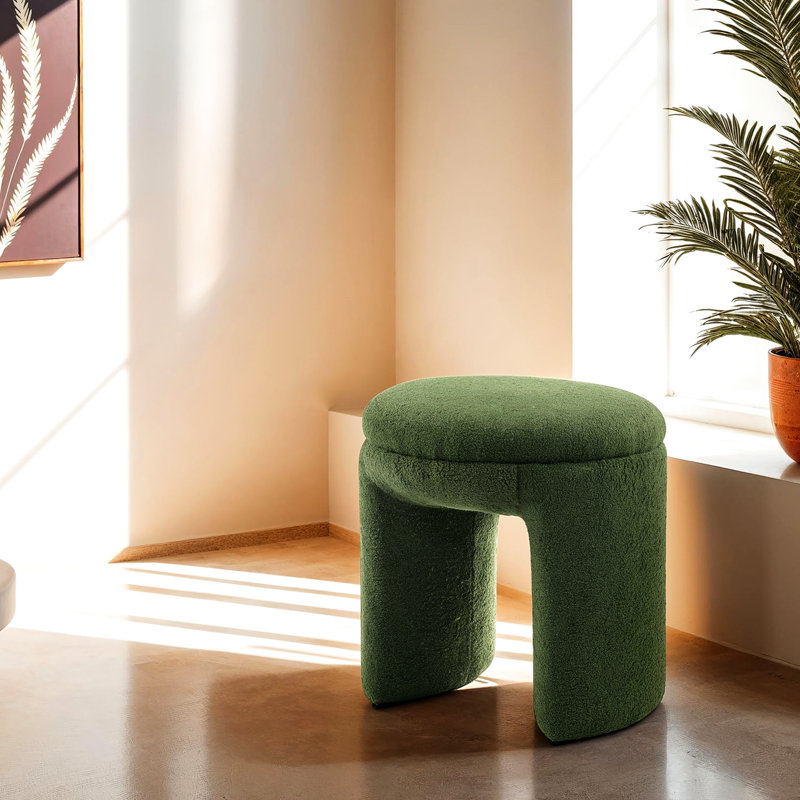 Contemporary Round Top 1Pc Accent Stool, Upholstered In - Like Shearling, Solid Wood Frame, For Primary Living Space, 18X18x19.5 Inches, Simple Build Stool With Finish, Fabric, Base, Room, 18"W X