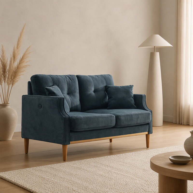 Causeuse avec charge USB, Tissu bleu foncé, Brun