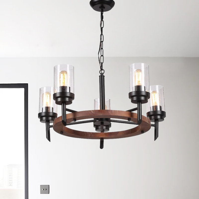 Lustre cylindrique en bois à 5 lumières à intensité variable