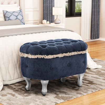 Banc de rangement bleu 29,5 po avec boutons, revêtement en tissu, frange à pampilles, utilisation multi-scénario, pieds en bois stables rembourrés, mousse haute densité, idéale pour la chambre à coucher et le vestibule