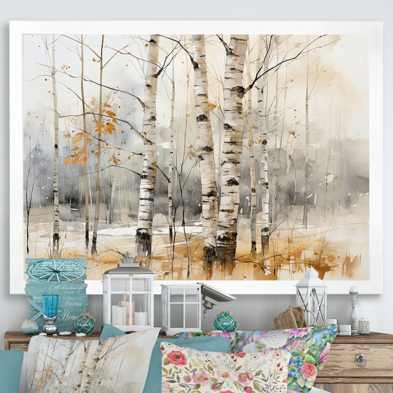«Winter Birch Wood Forest I - Tree Birch», art mural, H 16 po x l 32 po x P 1 po, Cadre de coin blanc fermé