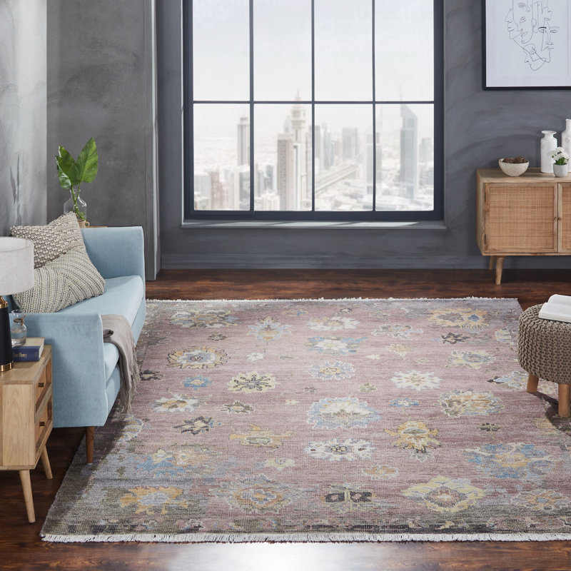 Fozie Hand Knotted Oriental Area Rug in Pink, Rectangle 10' x 14'