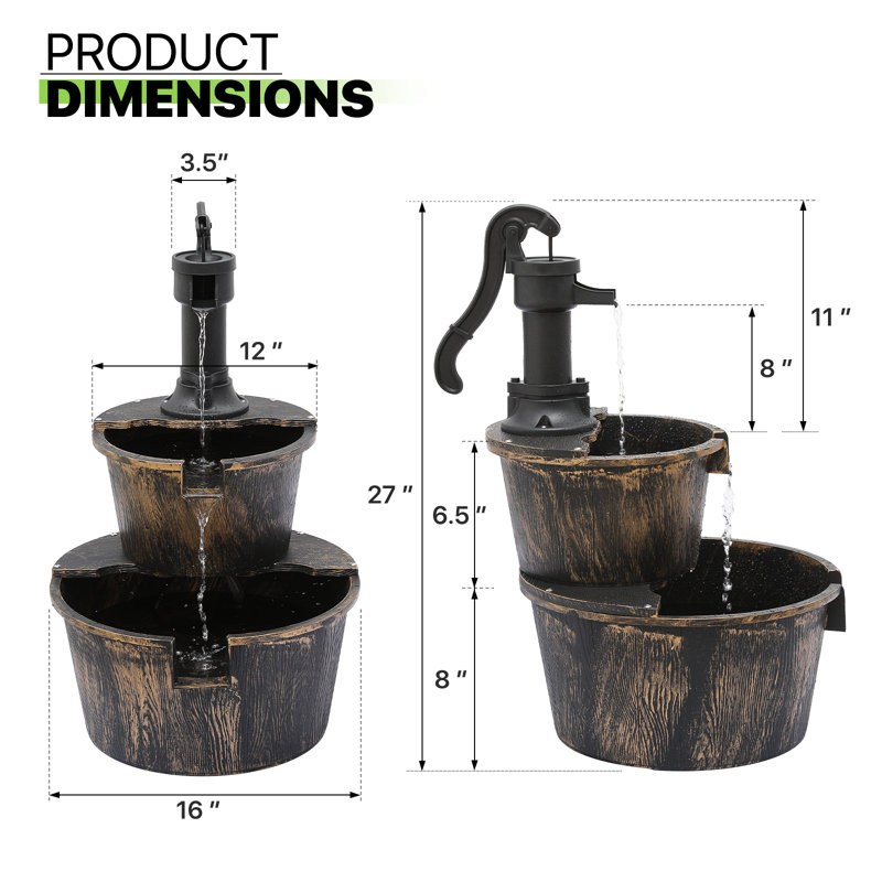 Rustic Brown 2-Tier Barrel Waterfall Fountain with Pump