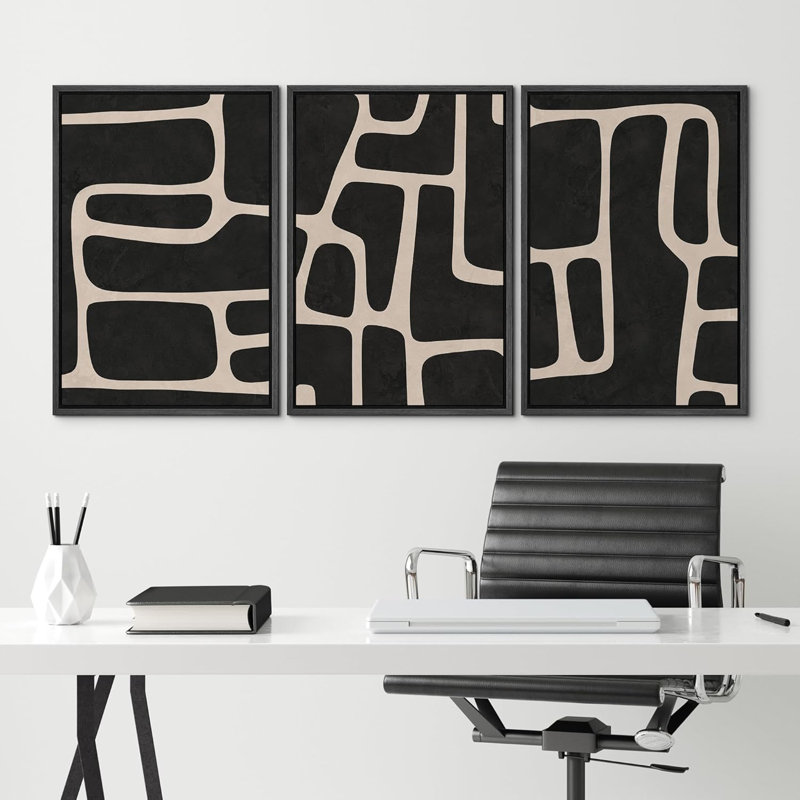 «Mid Mid Century Shape Black Abstract Geometric Neutral», reproduction d'art encadrée, H 24 po x l 48 po, Noir