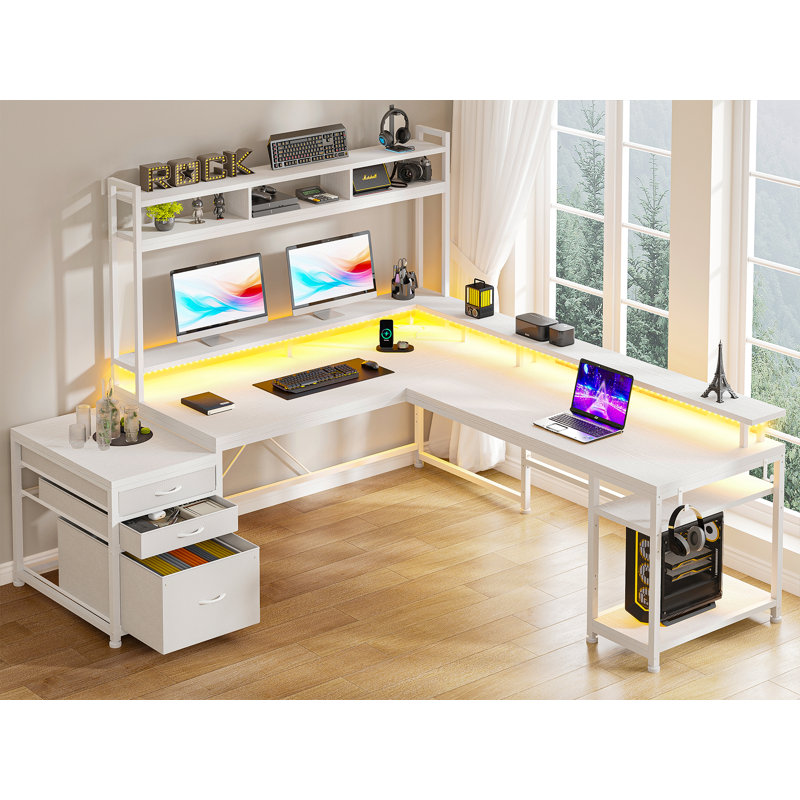 Mobean L-Shaped Computer Desk with Power Outlet, White