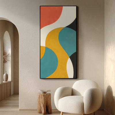 Très grande reproduction d'art sur toile - Motif géométrique incurvé rétro de couleur bleu sarcelle et moutarde pour le salon ou la chambre à coucher - «Assemblage requis du cadre (cadre non fini)»