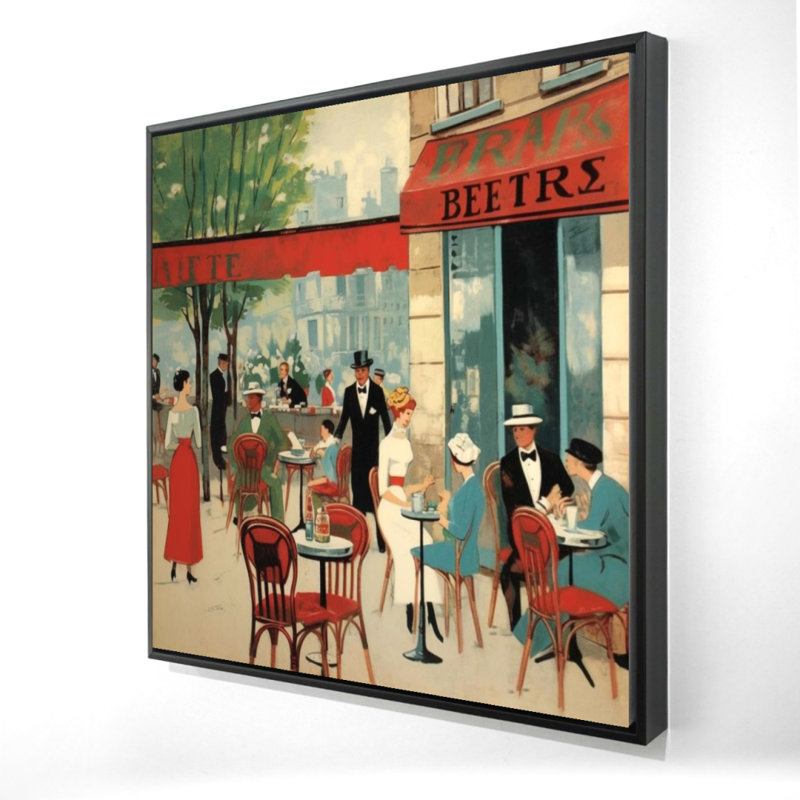 "Public cafe", toile illustrative encadrée beige