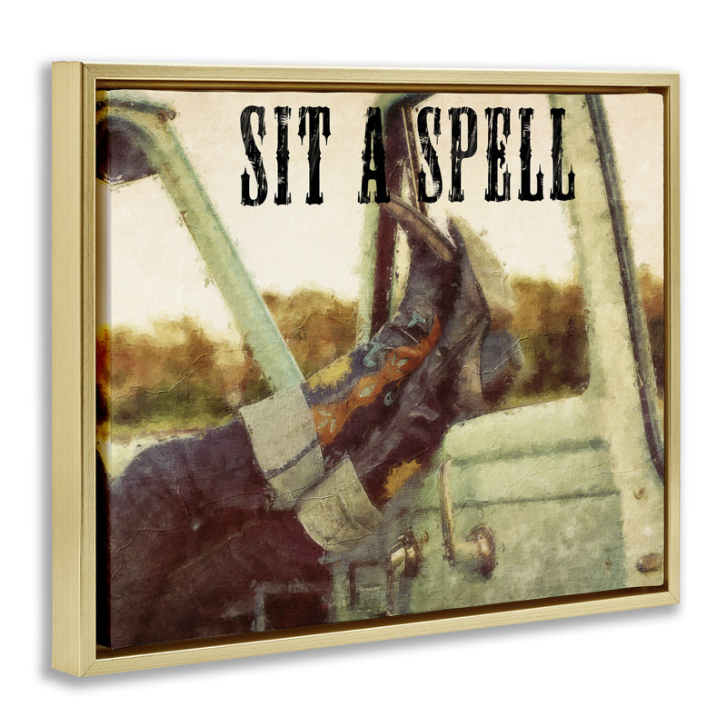 «Sit A Spell Cowboy», art mural encadré par Sasha, Cadre flottant métallique doré, H 17 po x l 21 po