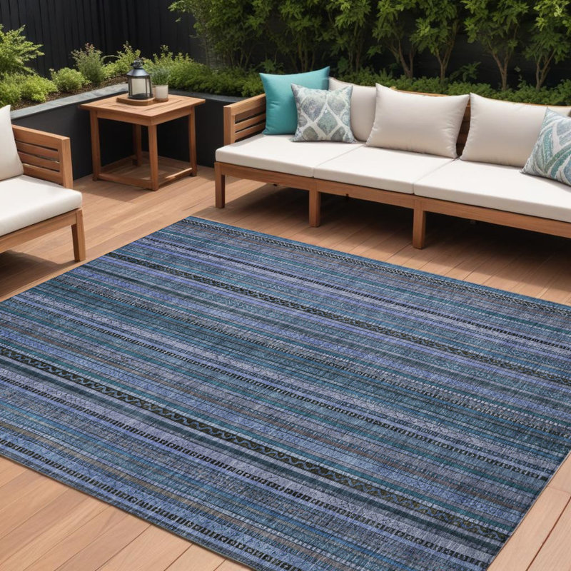 Tapis intérieur lavable rayé bleu gris et bleu ciel 9 pi x 12 pi