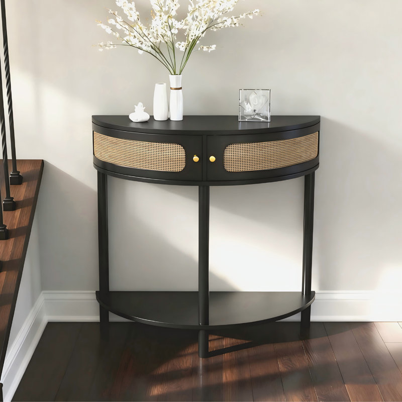 32"W×32"H Vintage Half-Moon Console Table with 2 Rattan Doors Entry Table with Bottom Shelf Hallway Table Sofa Table for Living Room
