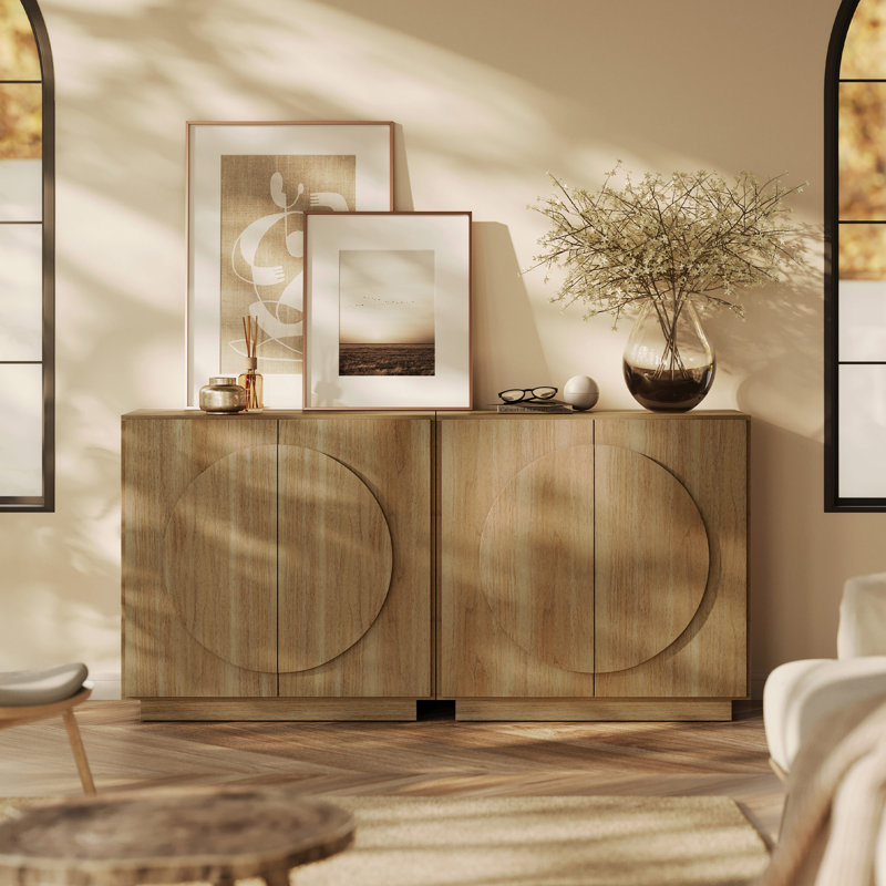 Buffet armoire cercle avec portes symétriques et tablette réglable, ensemble de 2, brun clair, Chameau