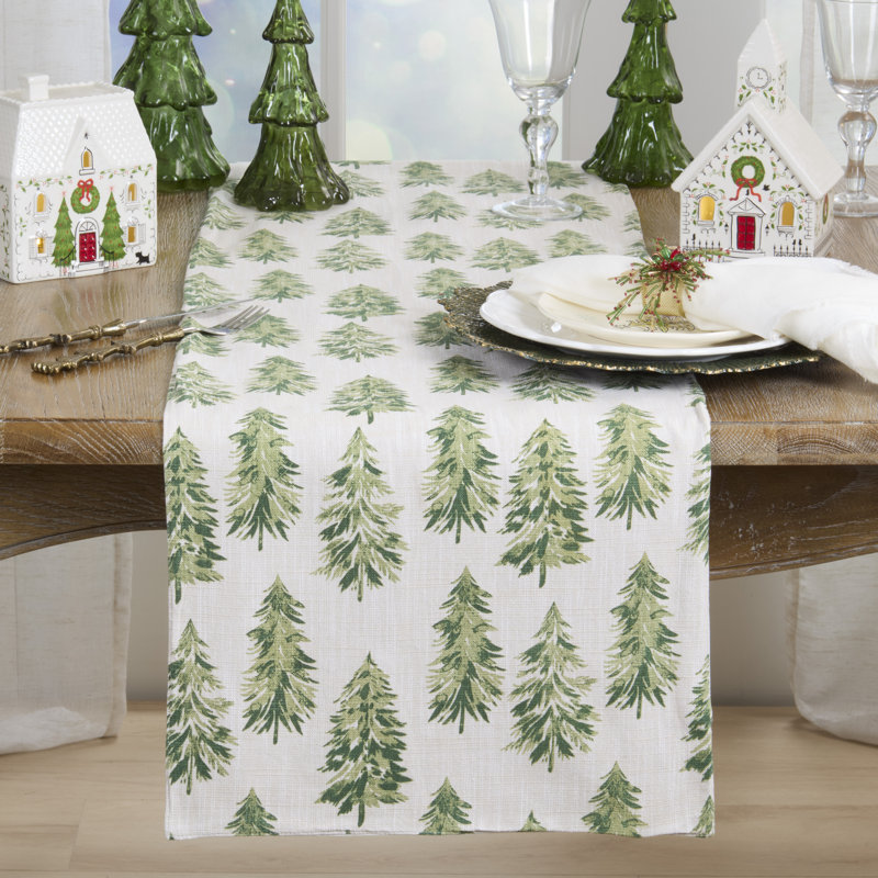 Chemin de table Winter Pine Tree - Chemin de table rustique de Noël avec conception de forêt de pins pour les tables de salle à manger des Fêtes, les réceptions en chalet et les tables d'hiver saisonniers