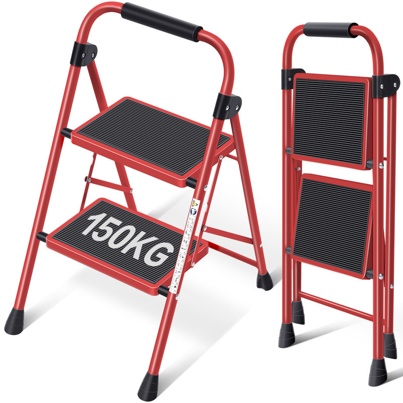 Encinal Metal Folding Ladder 2 Step Ladder,Step Stool, Red