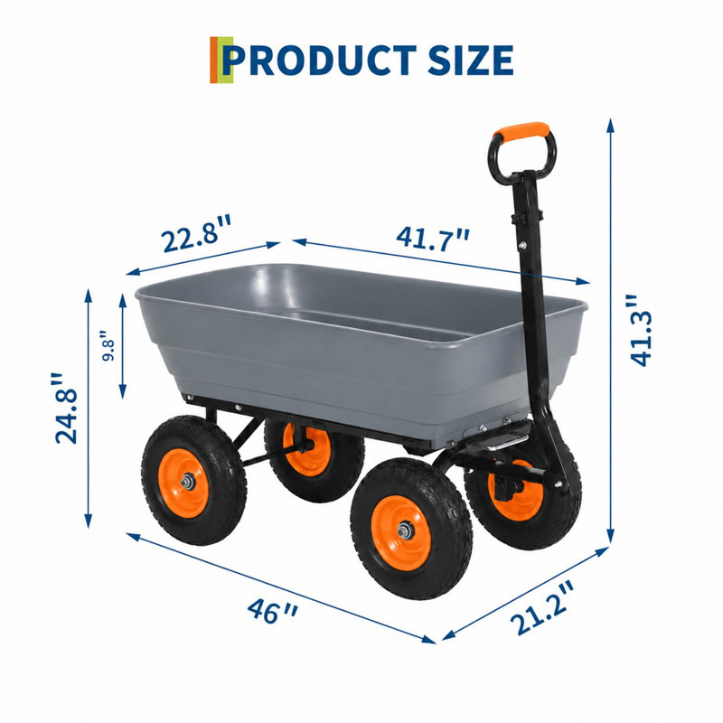 Chariot à benne de jardin en polyester robuste de 1200 lb avec 4 pneus solides sans crevaison et poignée multifonctionnelle 2-en-1 pour la cour, le gazon et le paillis - Gris