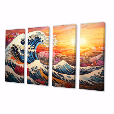 Coucher de soleil japonais sur les vagues de Kanagawa VI - Art japonais, art mural 4 pièces