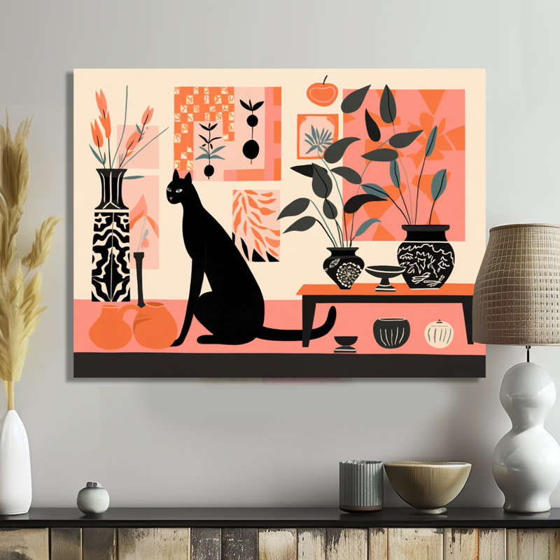 Chat noir en boho intérieur rétro Illustration I - chat, art mural, H 12 po x l 20 po x P 1 po, Toile tendue