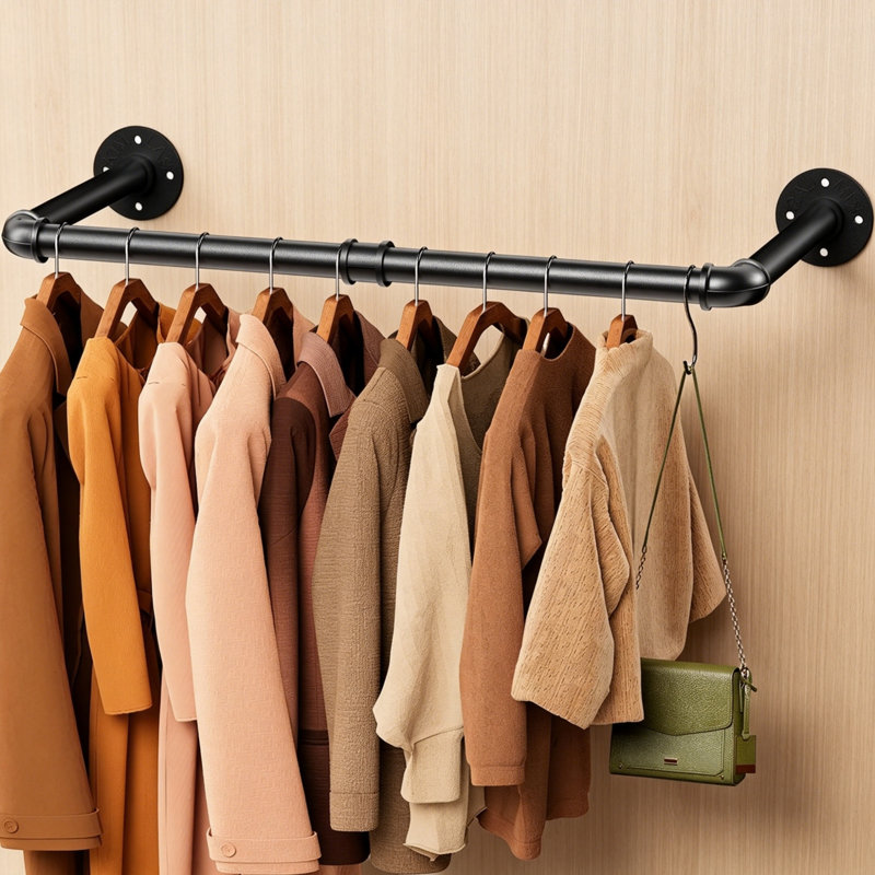 96cm Industrial Pipe Wall Mounted Clothes Rail, Black Hanging Rod, Multi-use Storage Rack for Bedroom Closet Laundry Room