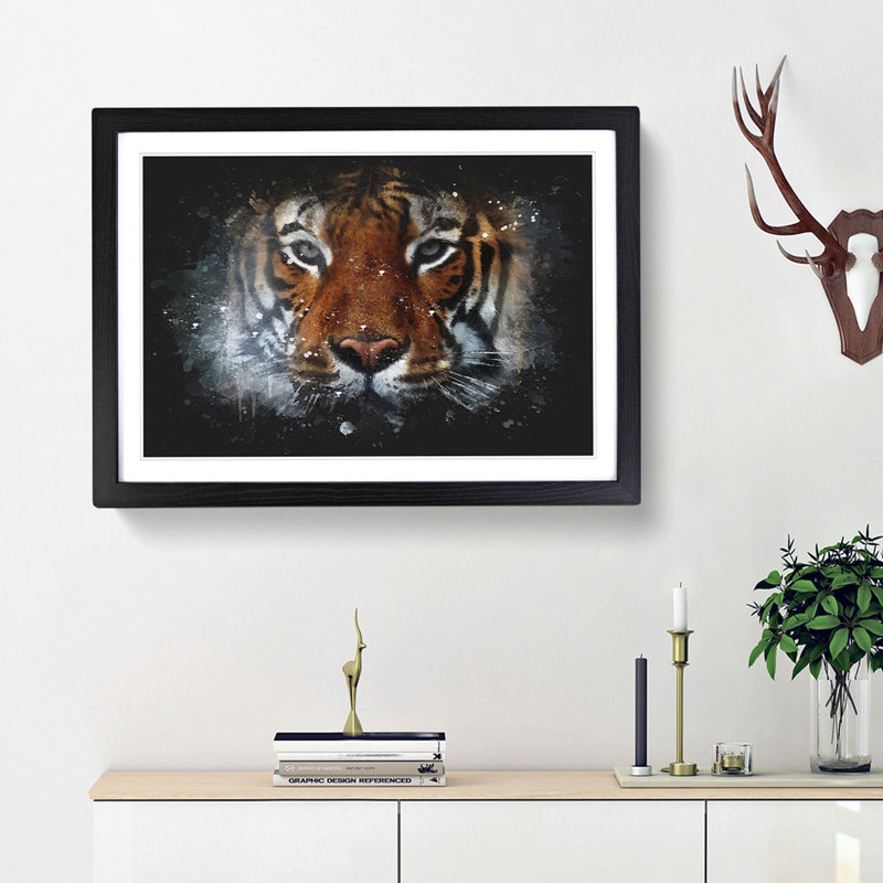 Tiger in the Blue - Picture Frame Graphic Art Print, 24cm H x 33cm W x 2cm D, Black Framed