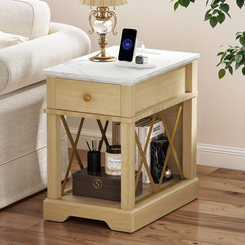 25.9''H Farmhouse End Table With Power Outlets, Brown/White