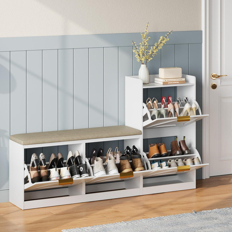 Shoe Storage Cabinet with Bench, 4 Flip‑Drawer Entryway Organizer with Cushioned Seat for 35‑40 Pairs, White
