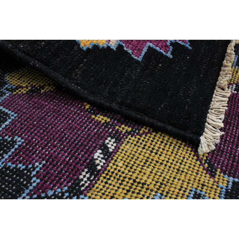 Tapis carré unique en laine noué à la main style mogul des années 2010 de 6 pi 4 po noir / mauve Quiandra