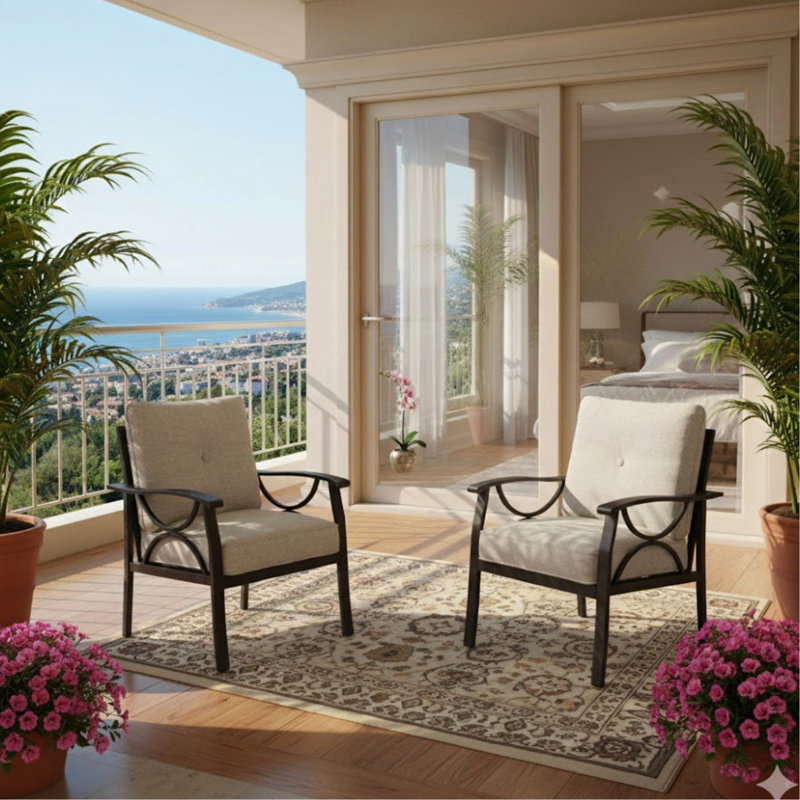 Ensemble de 2 fauteuils en métal au design moderne, avec structure kaki et coussins beiges. Faciles d'entretien, ils offrent un soutien ergonomique individuel idéal pour une utilisation à l'extérieur et une détente optimale dans les petits espaces.