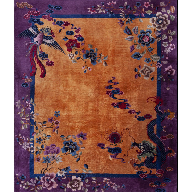 Yellow / Gold Orange Floral 1920s Hand Knotted Pile Wool Antique Rectangle Rug