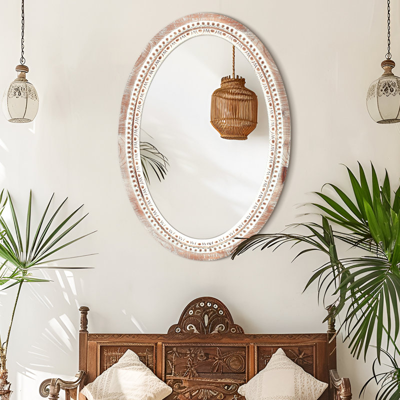 White Wash Beaded Wooden Frame Farmhouse Wall Mirror, Rustic Decorative Mirror for Living Room Bathroom Entryway, Oval