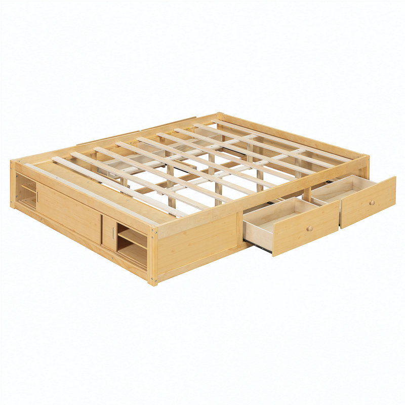 Structure de lit plateforme grand format avec 4 tiroirs de rangement et un casier de rangement au pied de lit, sans tête de lit, design moderne et peu encombrant - naturel