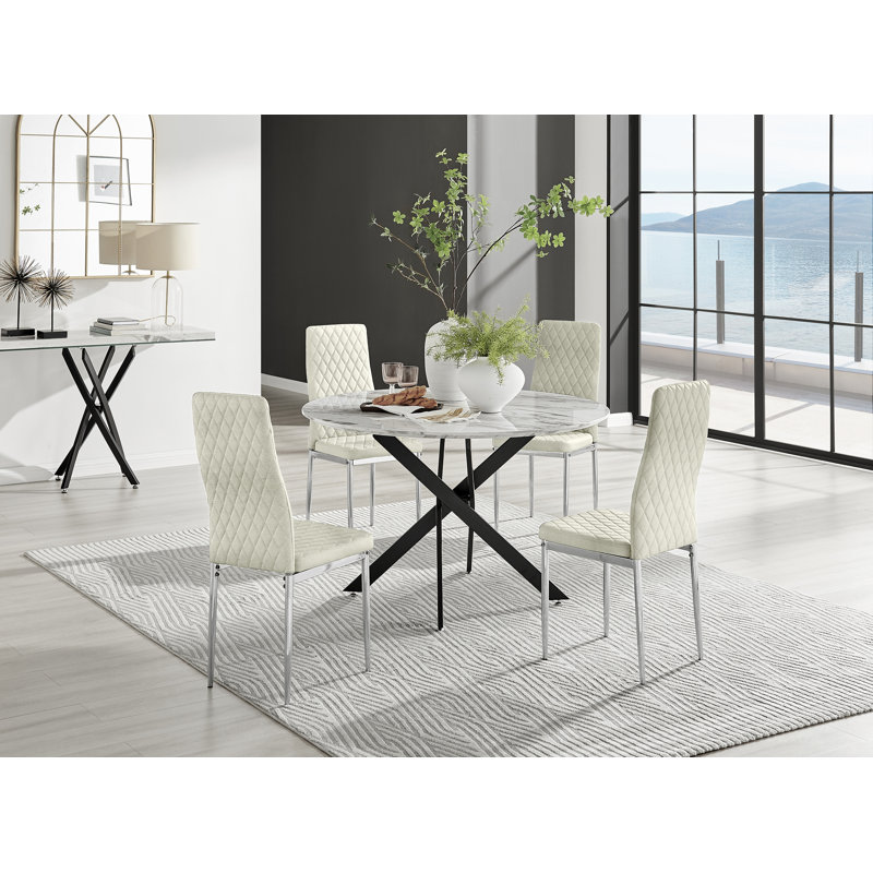 Tierra Modern Chrome Metal & Glass Round Dining Table Set with 4 Quilted Velvet Chairs, 75 x 120 x 120cm, Cream/Gold, Gold
