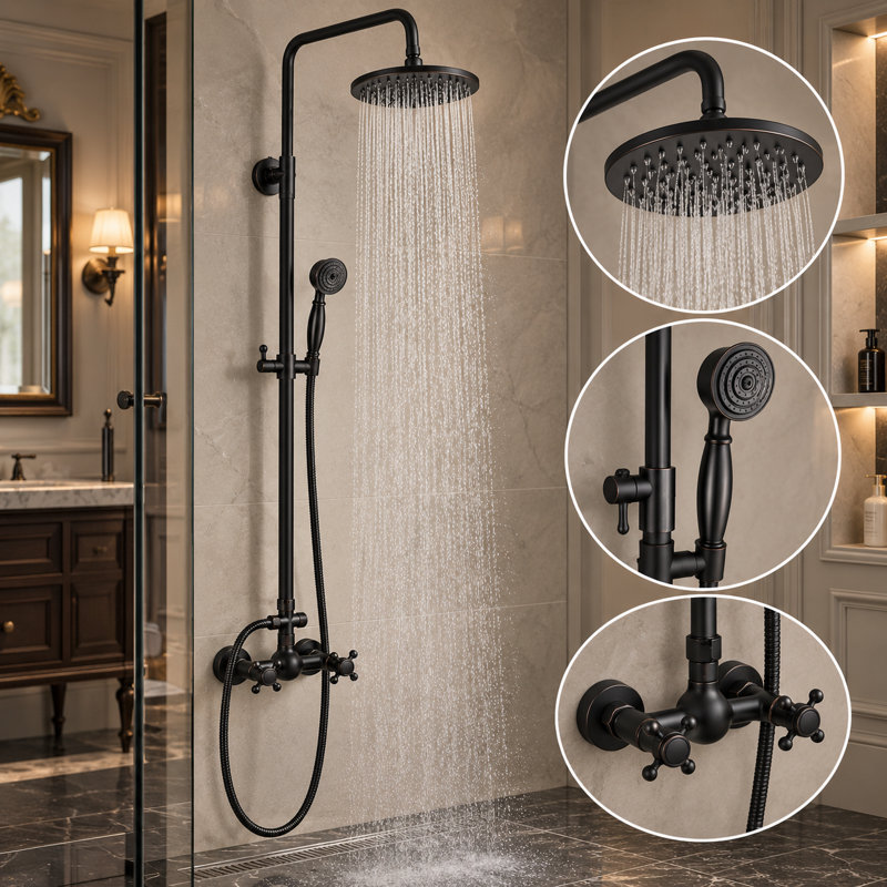 Ensemble de douche en bronze huilé avec pomme de douche à pluie de 8 po Mosson, douche à main en laiton rétro et mélangeur à poignée croisée, système de barre de glissière murale