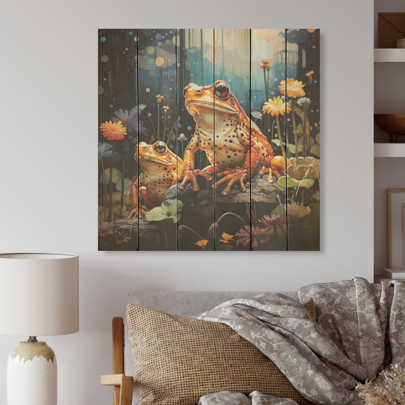 Couple de crapauds à la nuit I - grenouilles et crapauds, art mural sur bois de pin naturel, H 36 po x l 36 po