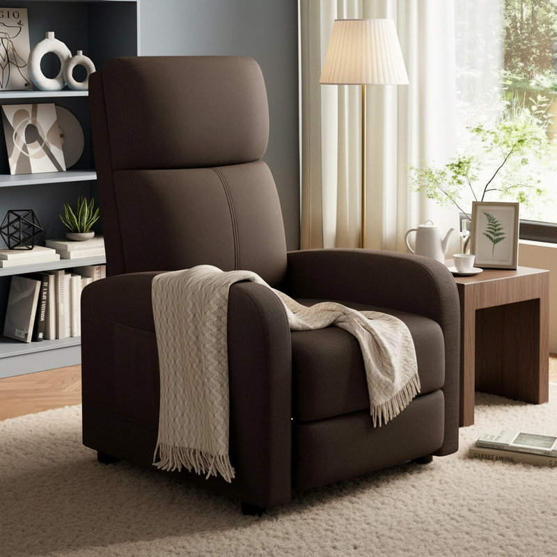 Fauteuil inclinable pour adultes, dossier haut, coussin épais, avec poche latérale, Brun