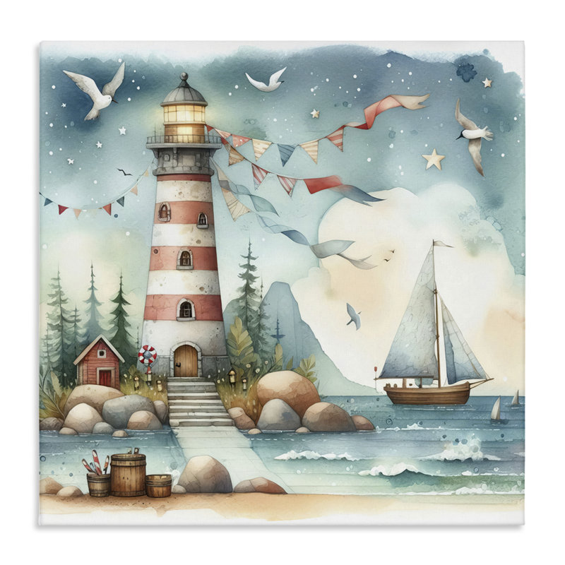  Art mural sur toile "Phare fantaisiste et oiseaux" par LSR Design Studio, H 30 po x l 30 po