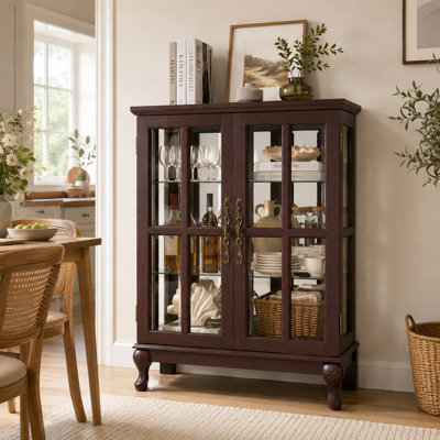 Glass Storage Cabinet with Cabriole Legs & 2 Adjustable Shelves – Grid Door Buffet Sideboard with Magnetic Catch for Dining Room, Living Room