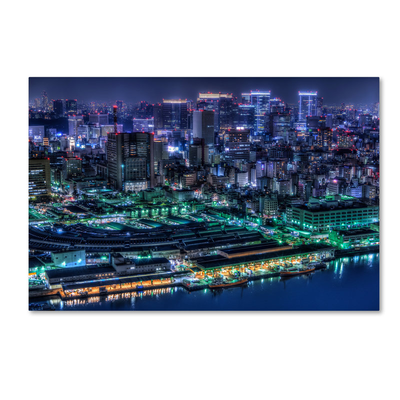Tokyo Cityscape Framed Canvas Art in Blue and Green
